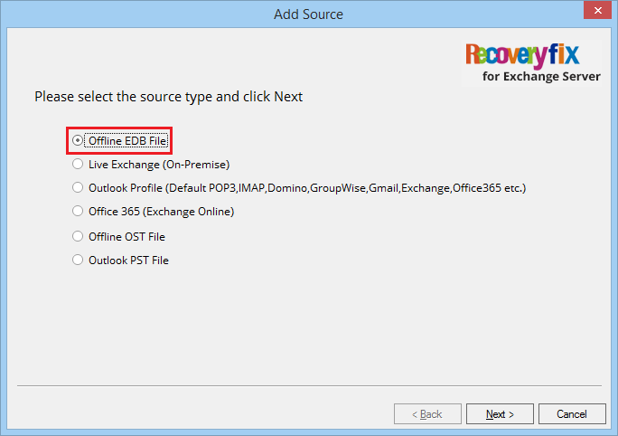 Select the first option of ‘Offline EDB file