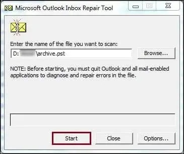 Browse and select the corrupt PST file