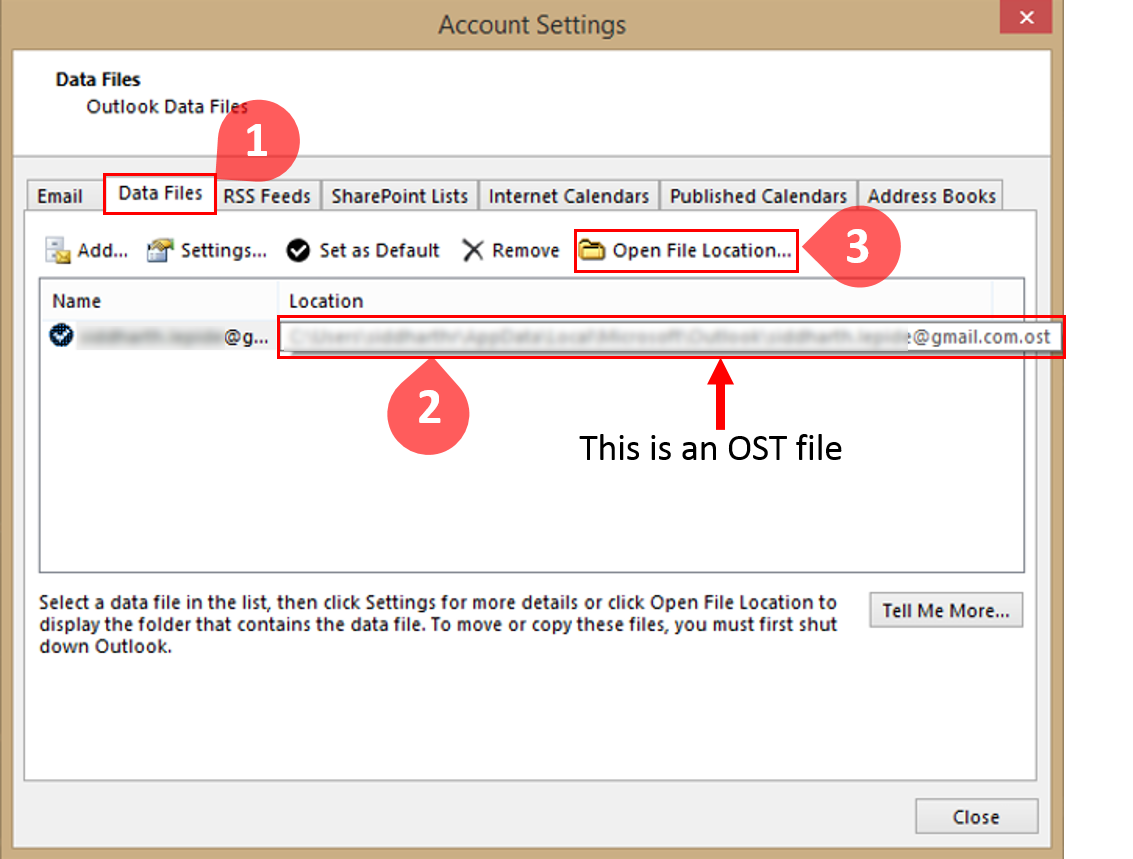 select Data Files, and select an account and click Open File Location