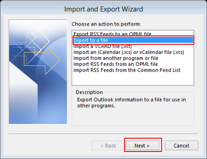select “Export to a File” and hit “Next.”