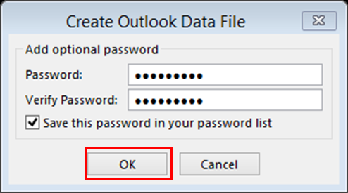 Provide a password to protect your PST file.