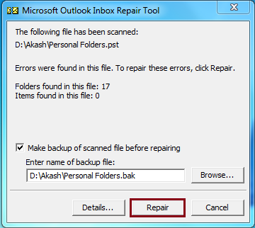 errors in the PST file, click Repair