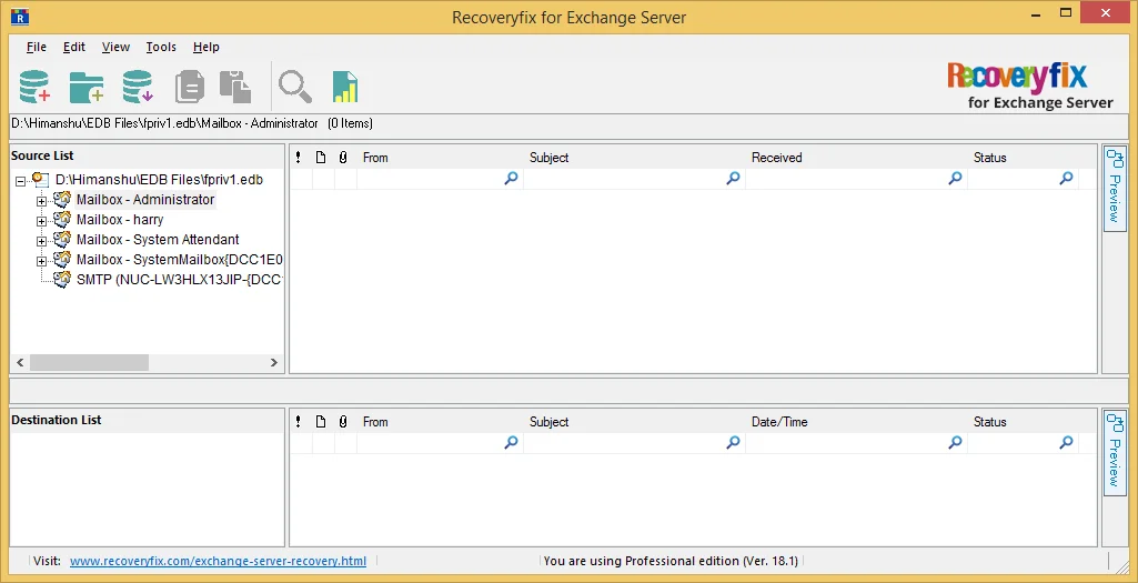 preview the mailboxes of the EDB file