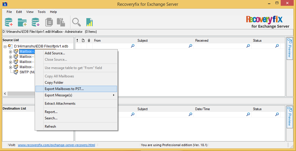 select the Export mailboxes to PST option