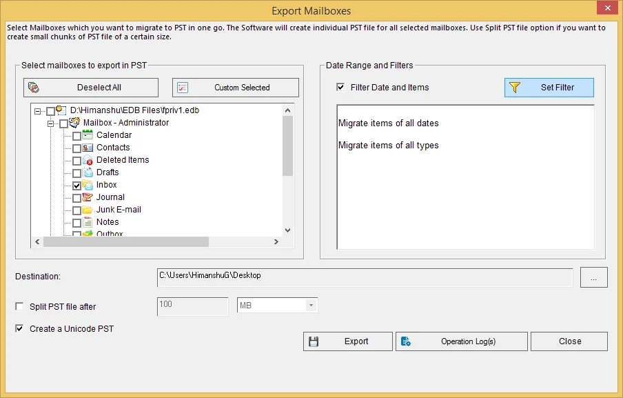 select the folders that you want to export to PST