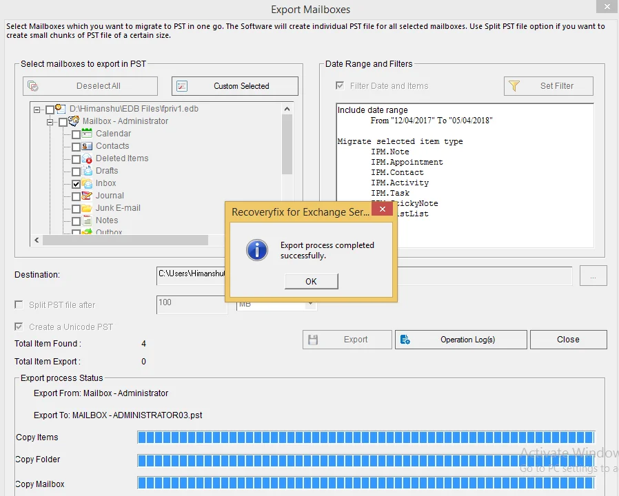 start exporting mailboxes to PST