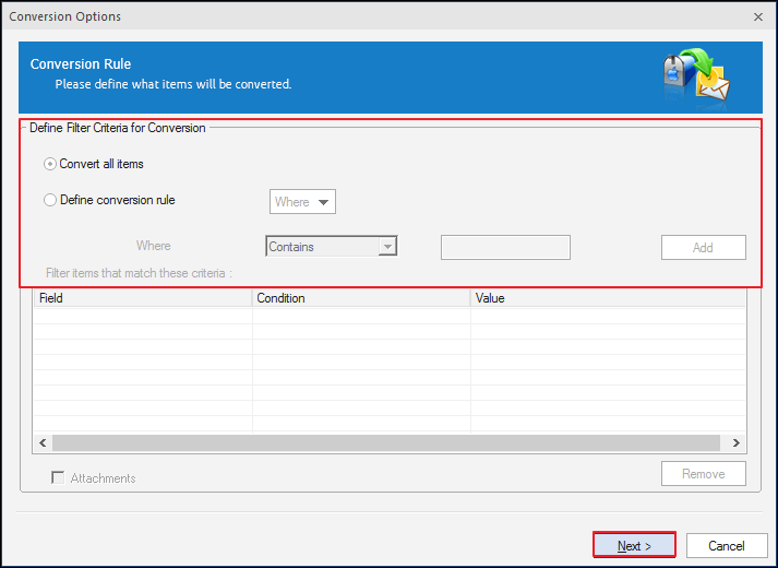 Define Filter Criteria for conversion