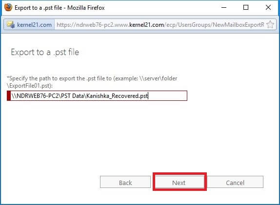 enter the UNC path and filename of the target.pst file, and then click Next