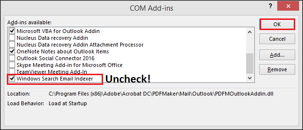 Windows Search Email Indexer and click OK