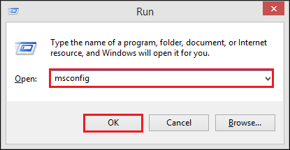 In the edit, box enters msconfig and click OK