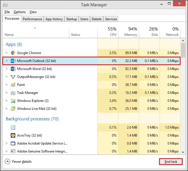 select MS Outlook click on End task
