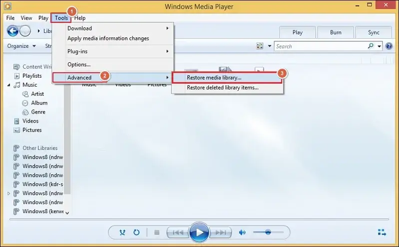 Select the Advanced option to Restore media library