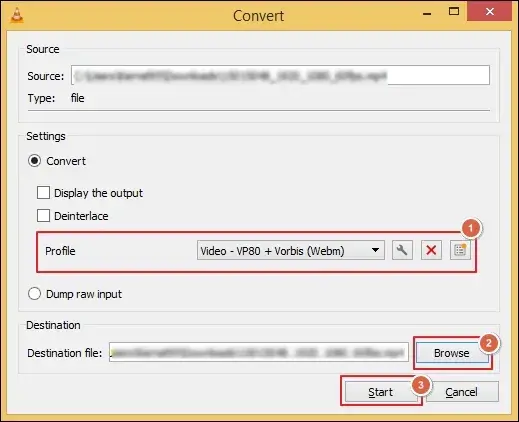 Browse to choose the Destination file location and click Start