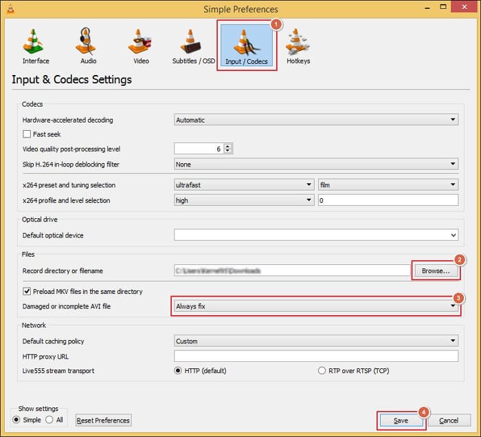 Navigate to Input/Codecs