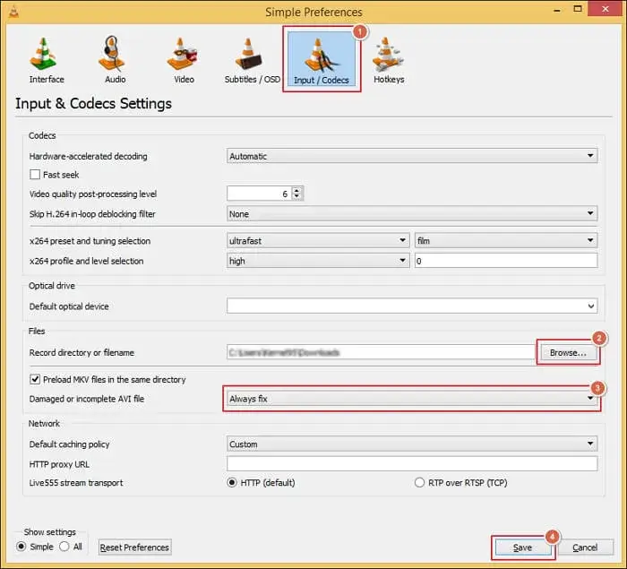 Navigate to Input/Codecs