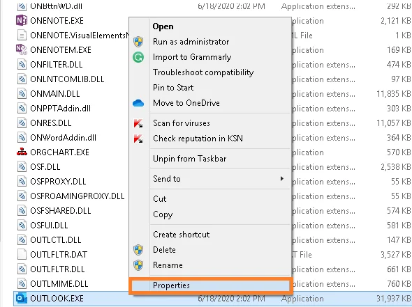 right-click on the OUTLOOK.EXE
