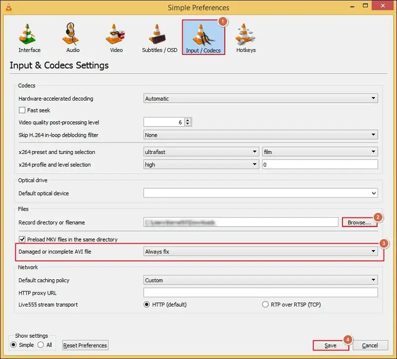 Always Fix option in the Damaged or incomplete AVI file section