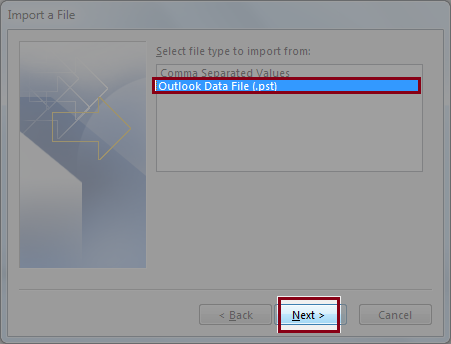 Select file type to Import from 