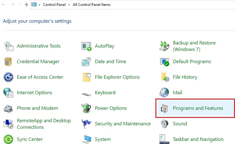 Select option Programs