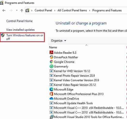 Turn Windows features on or off