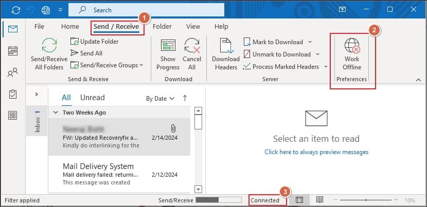 Click on Work Offline to turn it off