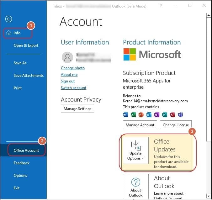 In Outlook go to the File > Office Account