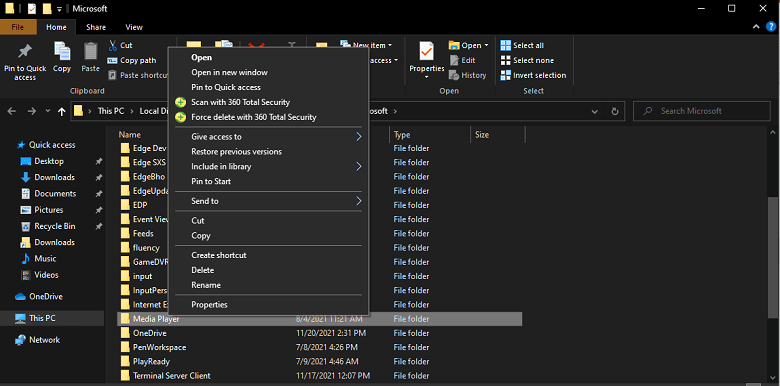 Open the right-click menu on the Media Player folder