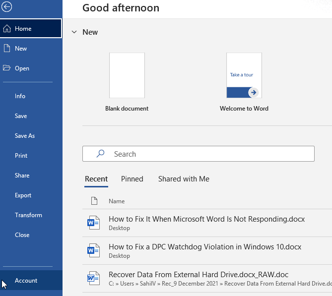Launch the MS Office application