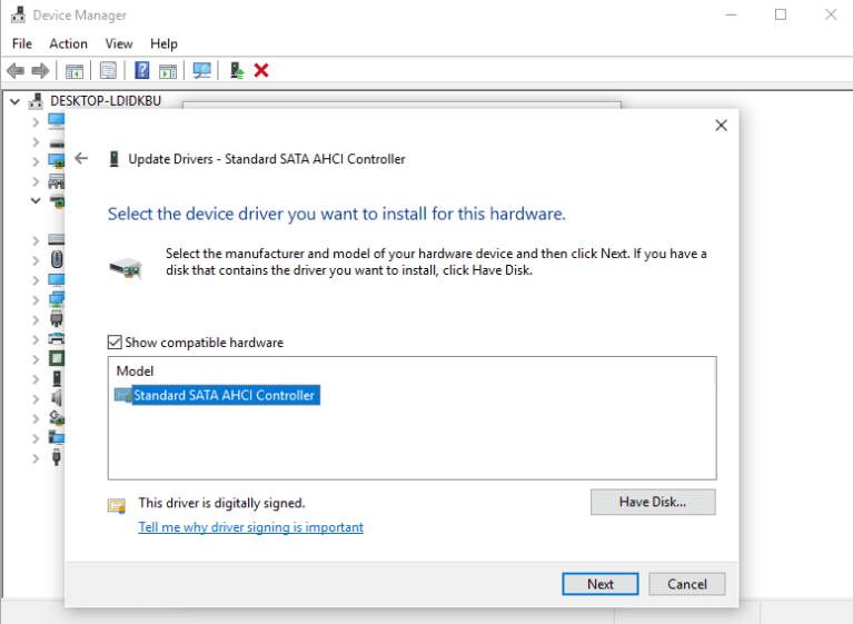 Tap on the model Standard SATA AHCI Controller & hit Next