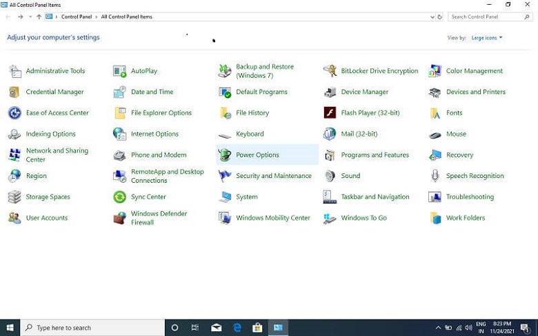 Click on Power options