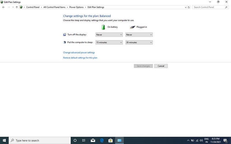 Change advanced power settings