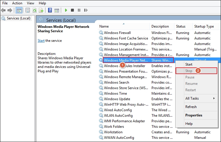 Locate Windows Media Network Sharing Service then choose stop and exit