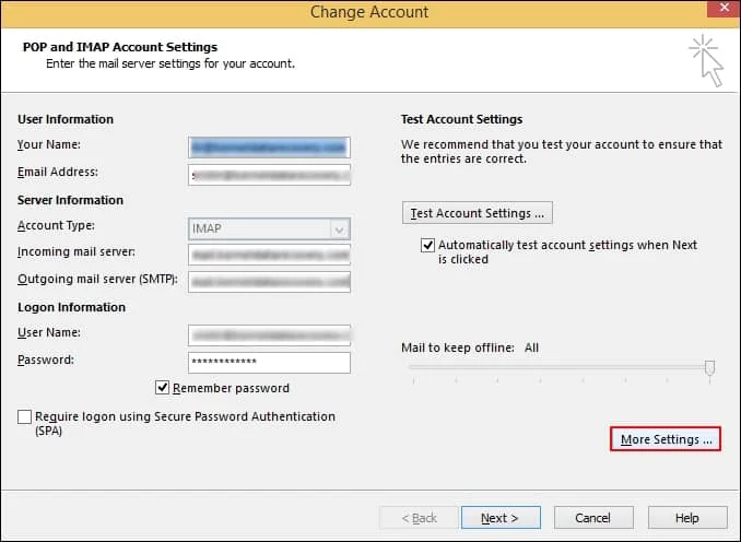 tap on the More Settings button on the Change Account wizard