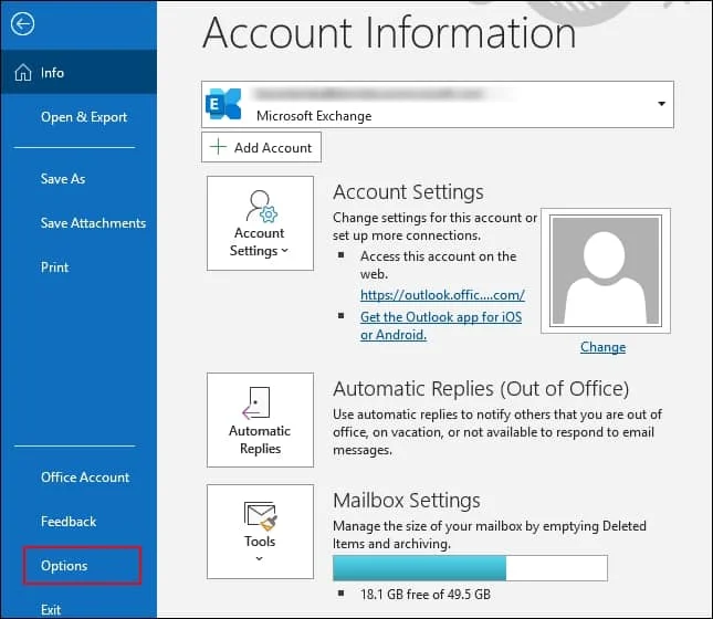 Click on the Options in the next window