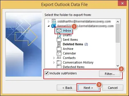  Choose the mailbox folder and click Next