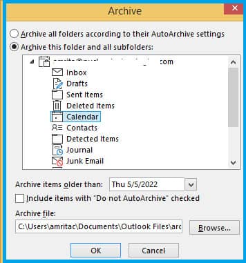 click Browse to save the archive file at the desired location