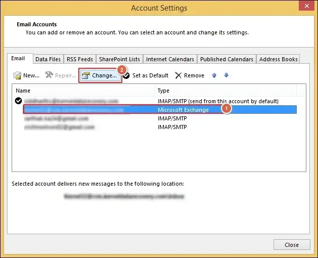 Select the Exchange account and tap on Change