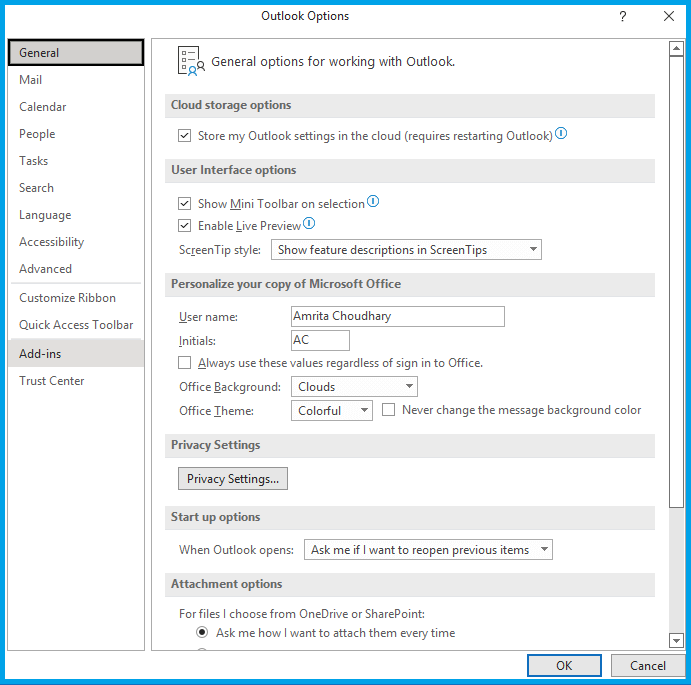 Choose Add-ins from Outlook