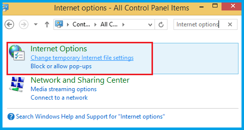 type Internet options