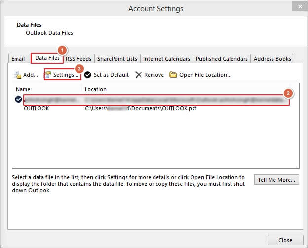 Outlook Data File Settings