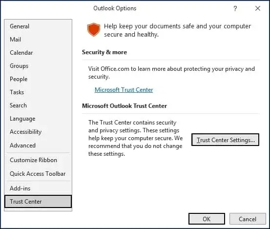 Trust Center Settings