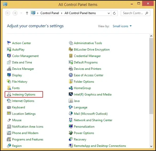 select the Indexing options