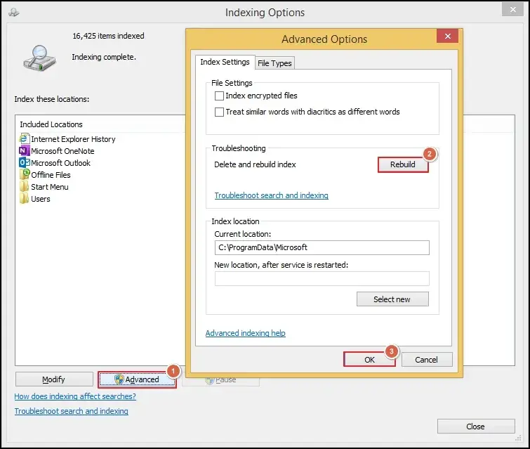 Hit OK as it allows Windows to recreate the search index