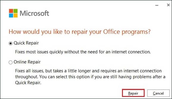 Now select the Quick Repair