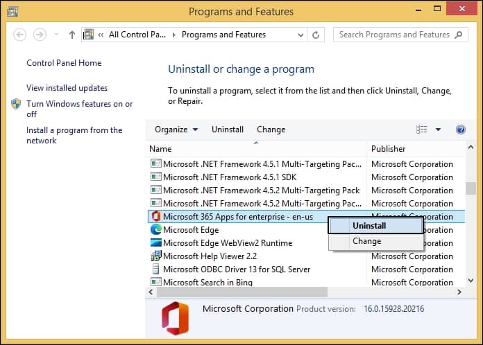 On the Programs and Features window