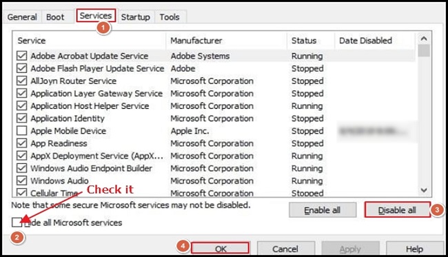 go to services, then click on hide Microsoft services, then disable all, then click ok