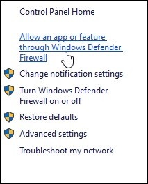 click on the Allow an app or feature through the Windows Defender Firewall