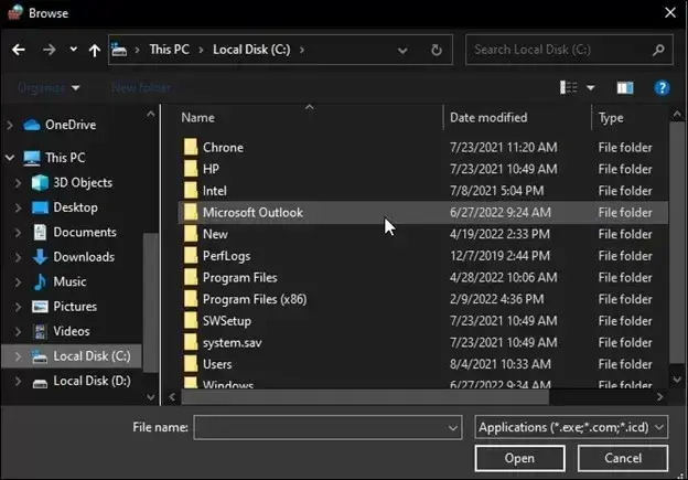 Browse for Microsoft Outlook and click on it