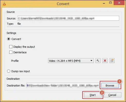 Browse to choose the file location and Start
