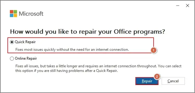Quick Repair Repair option